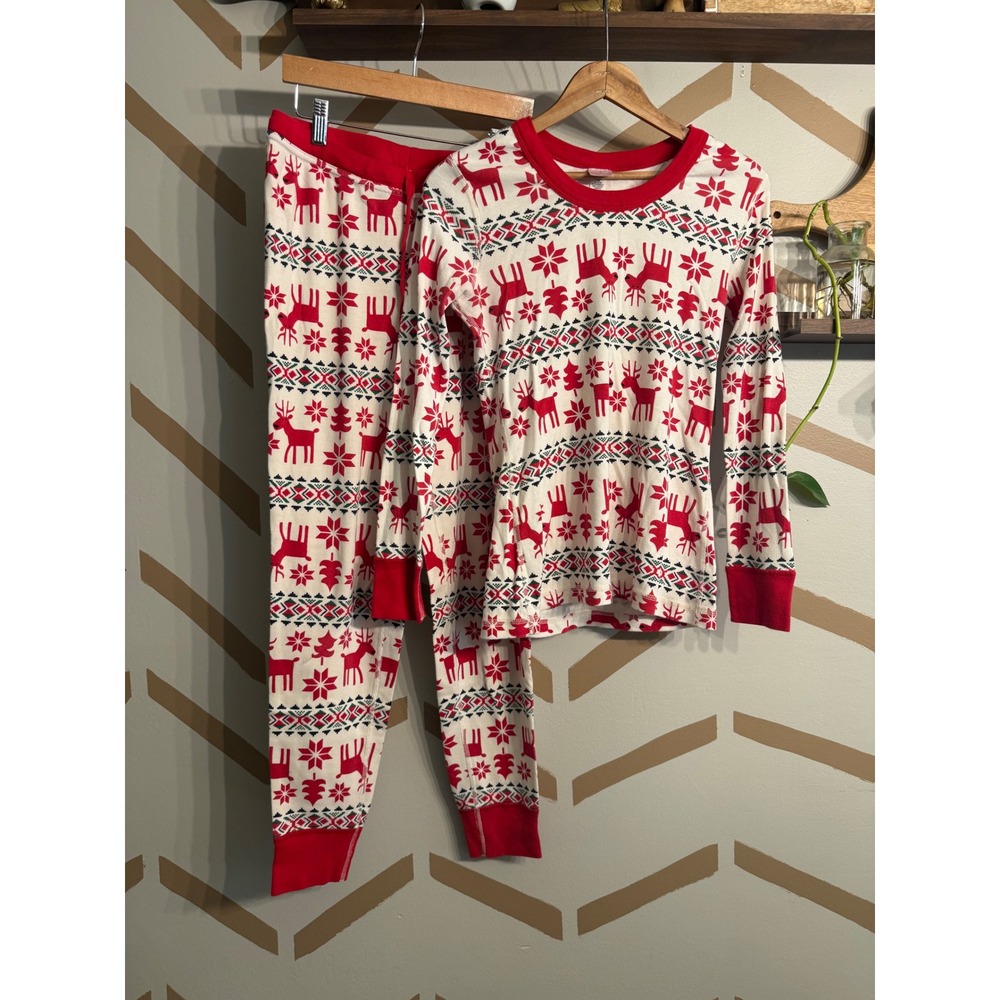Hanna Andersson Pajama Set Women Medium Red White Fair Isle Reindeer Christmas